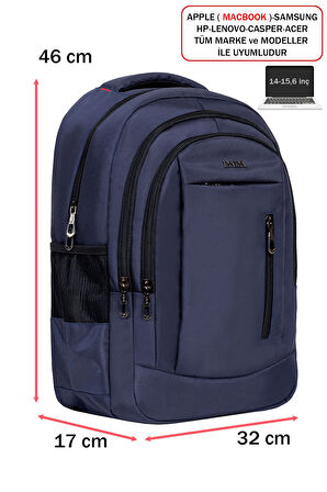 Lacivert Laptop Sırt Çantası 14-15,6 inç Usb Aparat Ortopedik Darbe Emici Koruma Su Geçirmez Kumaş