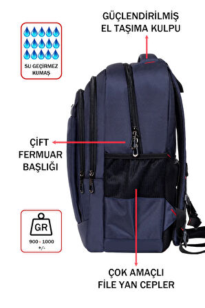 Lacivert Laptop Sırt Çantası 14-15,6 inç Usb Aparat Ortopedik Darbe Emici Koruma Su Geçirmez Kumaş