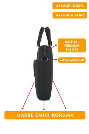 Dada 13,3-14 İnç Laptop Evrak Çantası Tablet A4 Kağıt Ve Dosya Uyumlu Darbe Emici Koruma Omuz Askılı Siyah