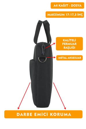 Dada 17-17,3 İnç Laptop Evrak Çantası Tablet A4 Kağıt Ve Dosya Uyumlu Darbe Emici Koruma Omuz Askılı Siyah