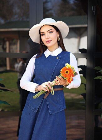 Premium Kalite Denim Kot Yelek Etek İkili Takım İkili Tasarım Jean Takım Yelekli Takım