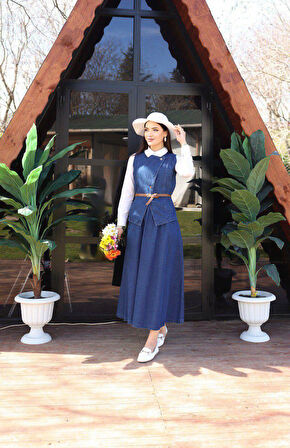 Premium Kalite Denim Kot Yelek Etek İkili Takım İkili Tasarım Jean Takım Yelekli Takım