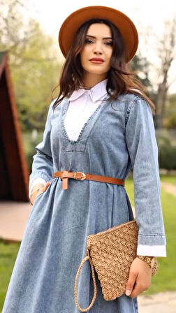 Premium Kalite Kemerli Gömlek Yaka Denim Kot Elbise Tesettür Uyumlu Jean Elbise