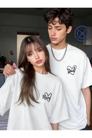 Mom Dad Baskılı Sevgili Kombini Çift Tişört Oversize Unisex Minimal Romantik Çift Kombin Seti