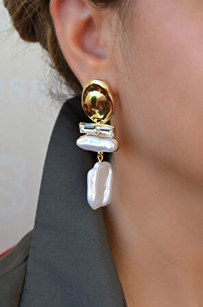 Doğal Görünümlü İncili Sallantılı Küpe Modern Tarzda İncili Küpe