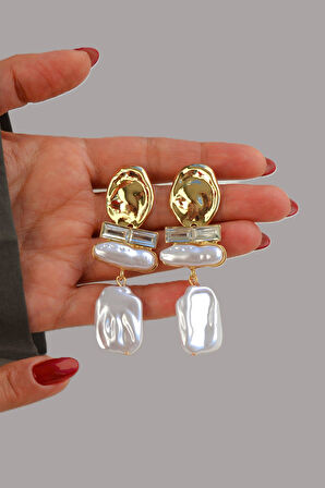 Doğal Görünümlü İncili Sallantılı Küpe Modern Tarzda İncili Küpe