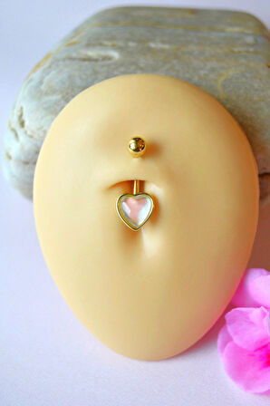 Yansımalı Taşlı Kalp Model Çelik Göbek Piercingi Hafif Minimal