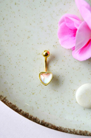 Yansımalı Taşlı Kalp Model Çelik Göbek Piercingi Hafif Minimal