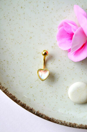 Yansımalı Taşlı Kalp Model Çelik Göbek Piercingi Hafif Minimal