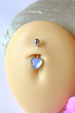 Yansımalı Taşlı Kalp Model Çelik Göbek Piercingi Hafif Minimal