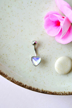 Yansımalı Taşlı Kalp Model Çelik Göbek Piercingi Hafif Minimal