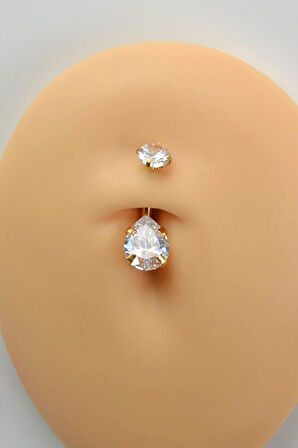 Damla Taşlı Çelik Göbek Piercingi Zirkon Taşlı Damla Model Göbek Piercing
