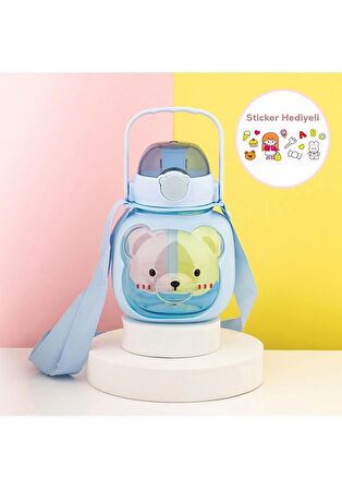 Porsima 21.0008 Ayıcık Figürlü Matara Pipetli Askılı Suluk Mavi