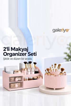 Makyaj Organizeri Çekmeceli Tavşan ve 360 Derece Dönebilen 5 Bölmeli İkili Set