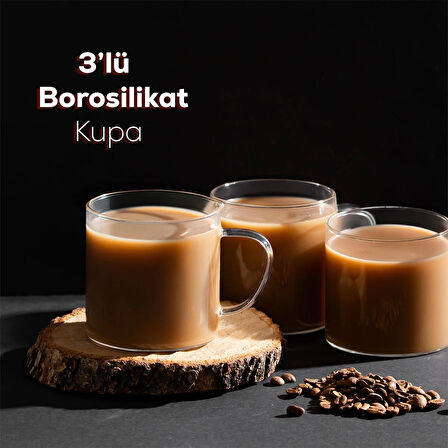 Porsima Pbt-589 Borosilikat Isıya Ateşe Dayanıklı Cam Kulplu 3 lü Çay Bardağı Kahve Bardak Seti Kupa Şeffaf 350ml