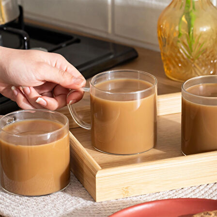 Porsima Pbt-589 Borosilikat Isıya Ateşe Dayanıklı Cam Kulplu 3 lü Çay Bardağı Kahve Bardak Seti Kupa Şeffaf 350ml