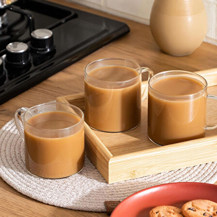 Porsima Pbt-589 Borosilikat Isıya Ateşe Dayanıklı Cam Kulplu 3 lü Çay Bardağı Kahve Bardak Seti Kupa Şeffaf 350ml