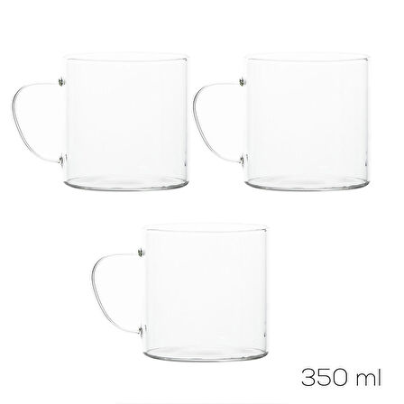 Porsima Pbt-589 Borosilikat Isıya Ateşe Dayanıklı Cam Kulplu 3 lü Çay Bardağı Kahve Bardak Seti Kupa Şeffaf 350ml