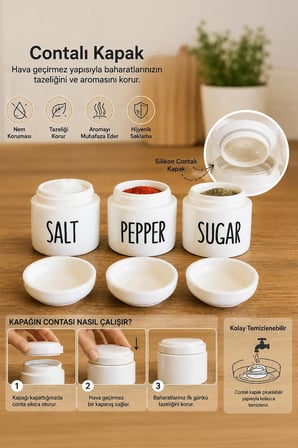 Porsima 18128 3'lü Porselen Ergonomik Baharatlık Seti Yuvarlak Formlu  Baharat Takımı Beyaz 