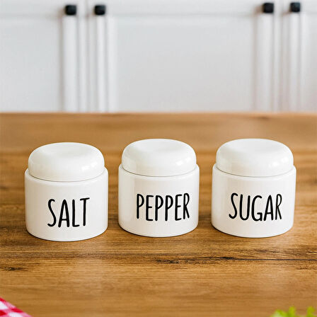 Porsima 18128 3'lü Porselen Ergonomik Baharatlık Seti Yuvarlak Formlu  Baharat Takımı Beyaz 