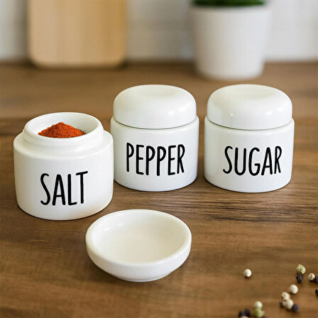 Porsima 18128 3'lü Porselen Ergonomik Baharatlık Seti Yuvarlak Formlu  Baharat Takımı Beyaz 