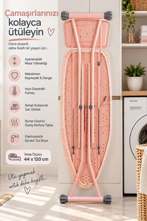Perilla 15014-1 Liana Lüks Ütü Masası – Geniş Perfore Tablalı, Isıya Dayanıklı Kumaş & Kaymaz Ayaklı Ütü Masası (44x120 cm) 