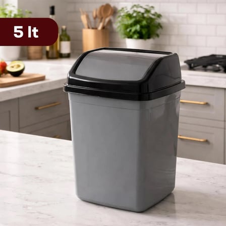Porsima 0101 Kapaklı Gri-Siyah Çöp Kutusu - Favori Banyo ve Mutfak Çöp Kovası 5lt
