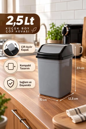 Porsima 0102 Kapaklı Gri-Siyah Çöp Kutusu - Favori Banyo ve Mutfak Çöp Kovası 2,5lt