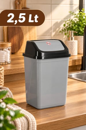 Porsima 0102 Kapaklı Gri-Siyah Çöp Kutusu - Favori Banyo ve Mutfak Çöp Kovası 2,5lt