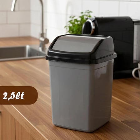 Porsima 0102 Kapaklı Gri-Siyah Çöp Kutusu - Favori Banyo ve Mutfak Çöp Kovası 2,5lt