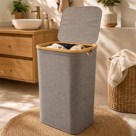 Porsima Pbt-715 Kapaklı Katlanabilir Kirli Bambu 75Lt Çamaşır Sepeti Kirli Sepeti 57x40x30cm