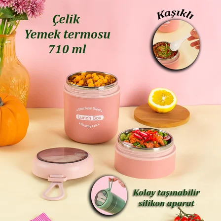 Porsima 5326 Çelik Yemek Termosu Lunch Box Taşınabilir Yemek Kabı Termos 200+650 mL