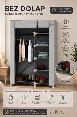 Perilla 63005 Porty Bez Gardırop 99x50x151 cm – Raflı ve Askılı Kumaş Elbise Dolabı