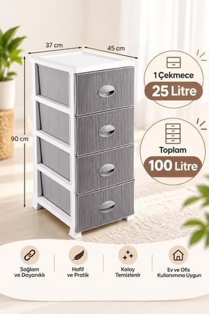 Porsima 0704 4 Katlı Still Komodin Beyaz Gri Çekmeceli Sebzelik Çok Amaçlı Plastik Organizer