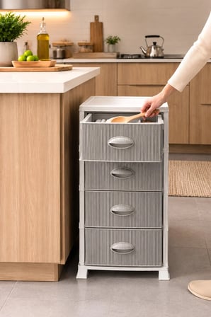 Porsima 0704 4 Katlı Still Komodin Beyaz Gri Çekmeceli Sebzelik Çok Amaçlı Plastik Organizer