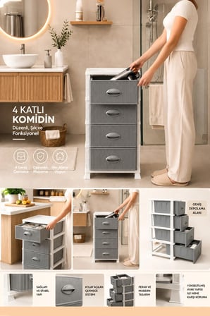 Porsima 0704 4 Katlı Still Komodin Beyaz Gri Çekmeceli Sebzelik Çok Amaçlı Plastik Organizer