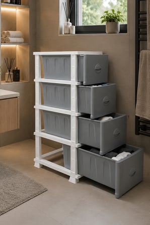 Porsima 0704 4 Katlı Still Komodin Beyaz Gri Çekmeceli Sebzelik Çok Amaçlı Plastik Organizer