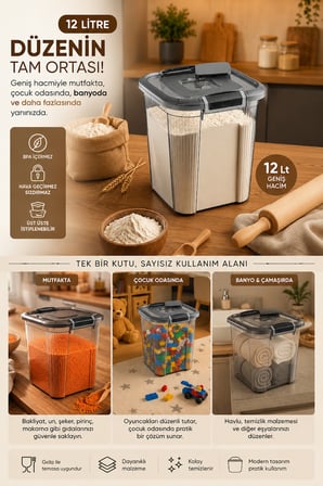 Porsima 9974 Royal Box 12 Litre Kare Hava Geçirmez Sızdırmaz Kapaklı Saklama Kabı