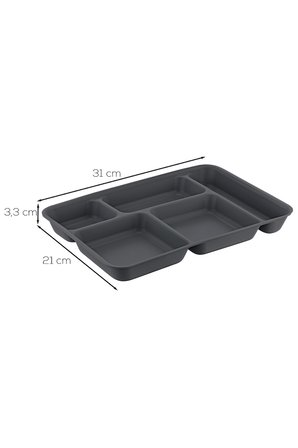 Porsima 5 Bölmeli Plastik Tabldot Piknik Yemek Servis Tabağı - Antrasit (21x31 cm)