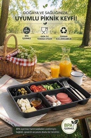 Porsima 5 Bölmeli Plastik Tabldot Piknik Yemek Servis Tabağı - Antrasit (21x31 cm)