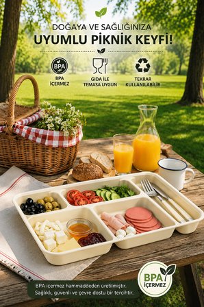 Porsima 5 Bölmeli Plastik Tabldot Piknik Yemek Servis Tabağı - Krem (21x31 cm)