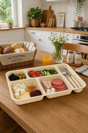 Porsima 5 Bölmeli Plastik Tabldot Piknik Yemek Servis Tabağı - Krem (21x31 cm)