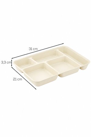 Porsima 5 Bölmeli Plastik Tabldot Piknik Yemek Servis Tabağı - Krem (21x31 cm)