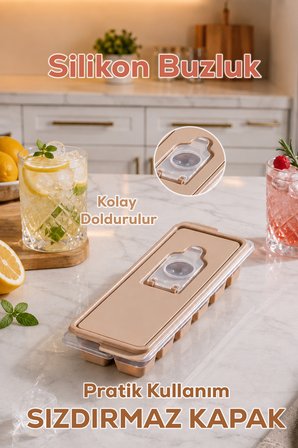 Porsima 4518 Kapaklı Silikon Buz Kalıbı - Dökülmez BPA İçermez Pratik Buzluk Kabı Cappuccino