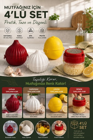 Porsima 4471 4'lü Soğan, Sarımsak, Limon Saklama Kabı ve Hazneli Rende Seti