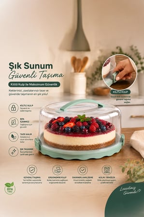 Porsima L-00501-2 Kilitli Kulplu Kek & Pasta Taşıma Saklama Fanusu 26 cm (Su Yeşili)