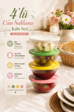 Porsima Sarına 4lü Renkli Kapak Cam Saklama Kabı-Kase 250ml