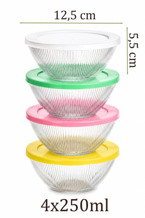 Porsima Sarına 4lü Renkli Kapak Cam Saklama Kabı-Kase 250ml