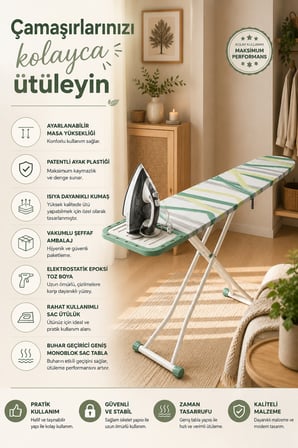 Perilla 15017-11 Aleece Katlanabilir Buhar Geçirici Monoblok Sac Ütü Masası (38x130 cm)