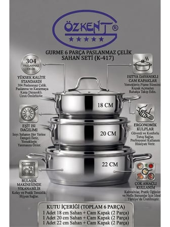 ÖZKENT Gurme 3'lü Paslanmaz Çelik Sahan Seti 6 Parça Cam Kapaklı Omlet Seti K-417